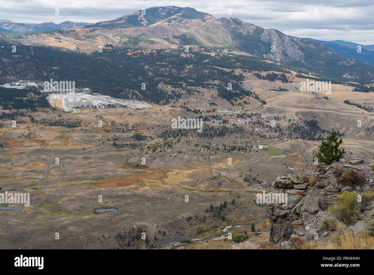 View over Mammoth Hot Springs from Mt. Everts in Yellowstone National Park. Stock Photo