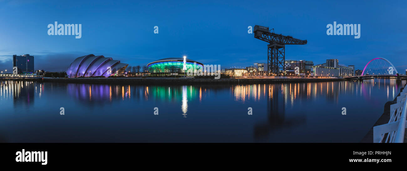 Panorama of the River Clyde including the SSE Hydro, SEC Armadillo, SEC Centre and the Arc in Glasgow Scotland Stock Photo