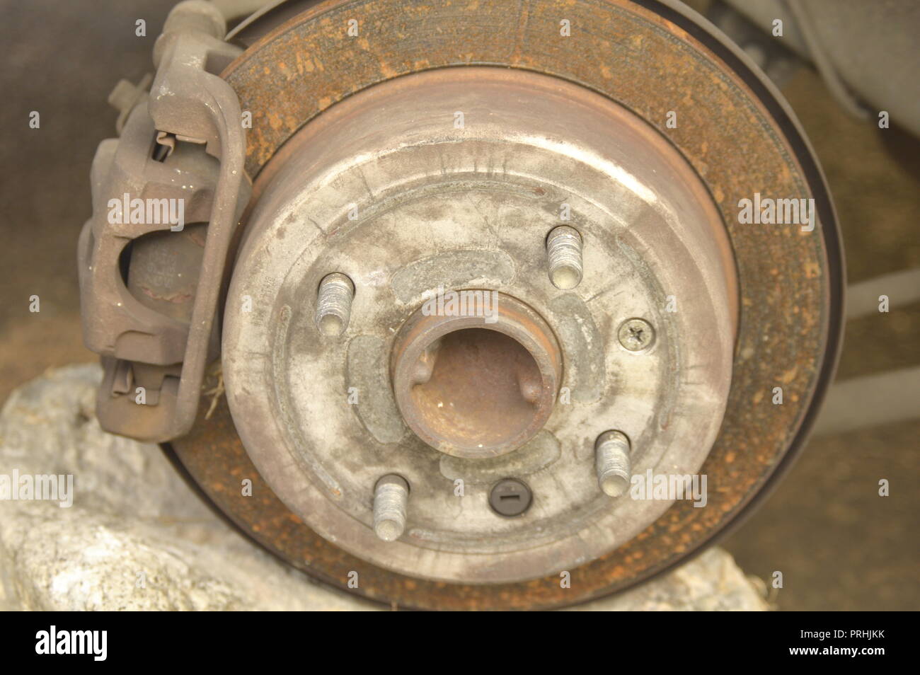 Car Disk brake parts. Shots of mechanical brake with clamp Stock Photo
