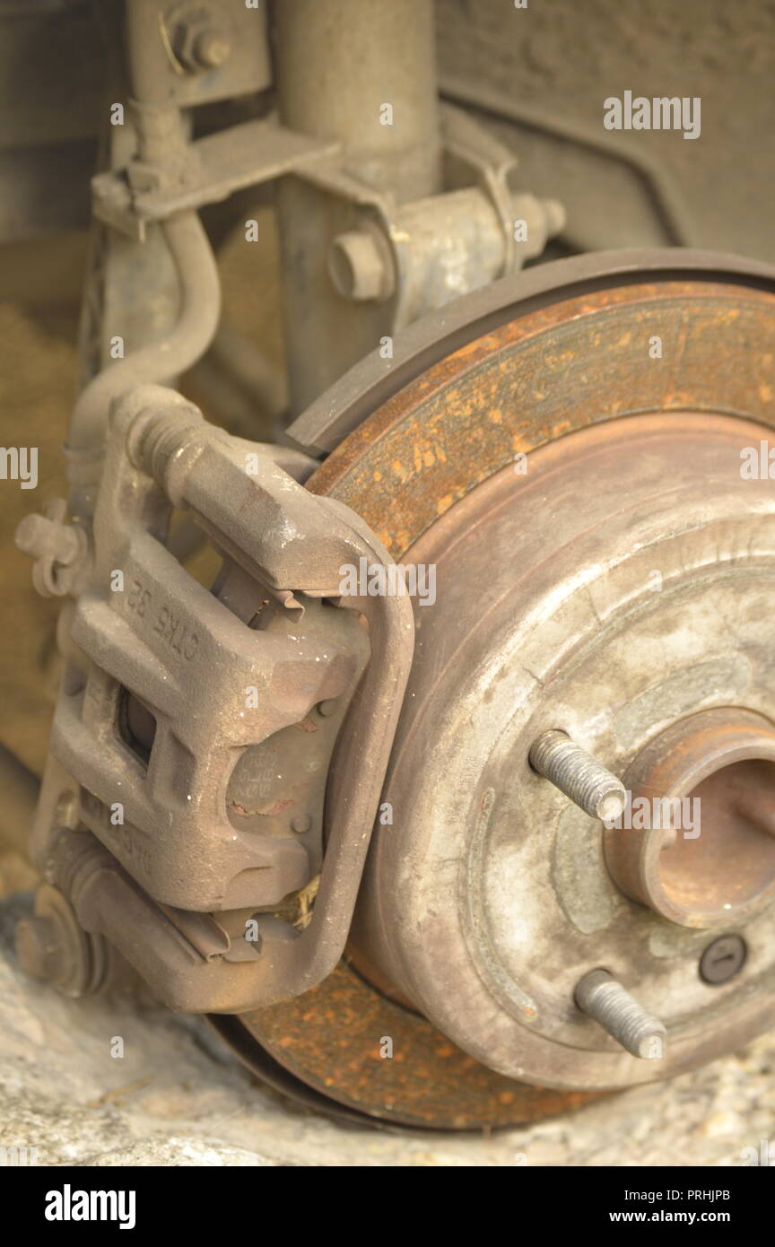 Car Disk brake parts. Shots of mechanical brake with clamp Stock Photo
