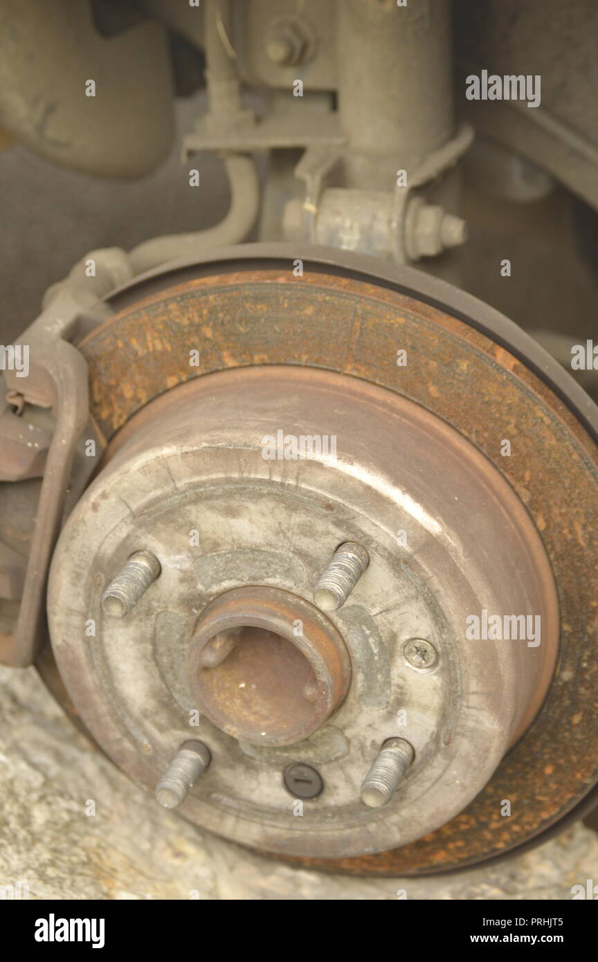 Car Disk brake parts. Shots of mechanical brake with clamp Stock Photo