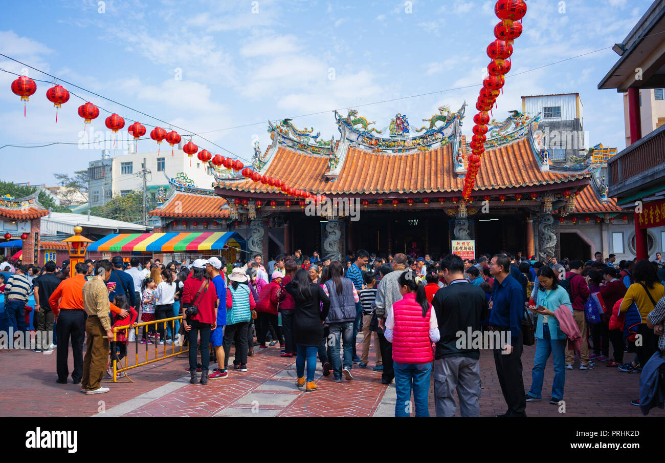 16 February 2018, Lukang Changhua Taiwan : Celebration of people and crowd on chinese new year day at Lugang Xinzu temple Stock Photo