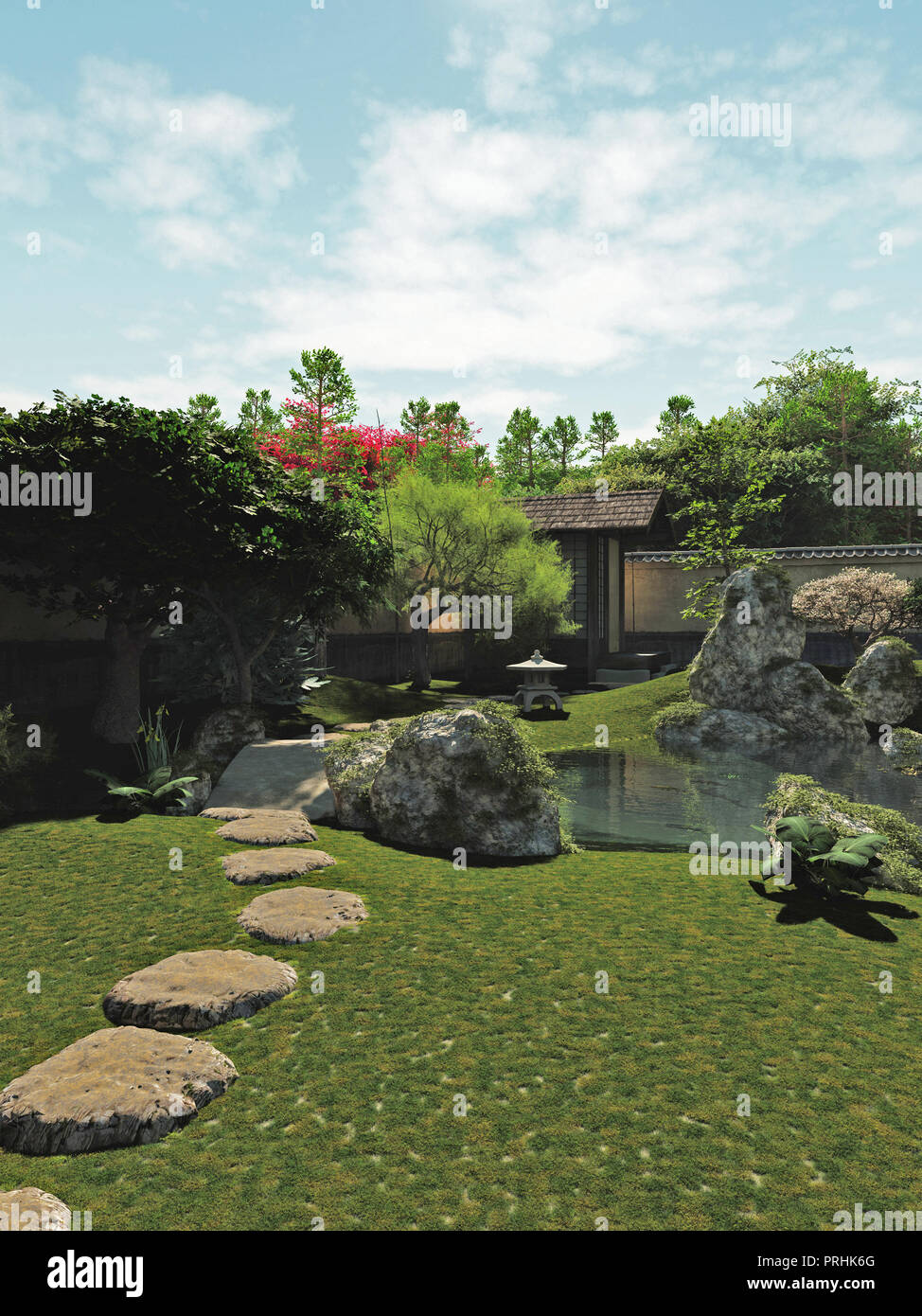 Japanese Garden with Tea House and Pond Stock Photo