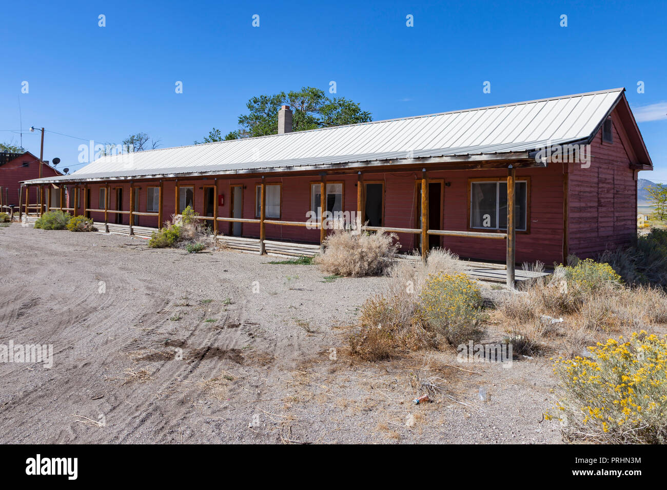 Abandoned Slots Motel in Schellbourne, Nevada. Schellbourne lies along US 93 and was initially a Pony Express Station and later a mining town. Stock Photo