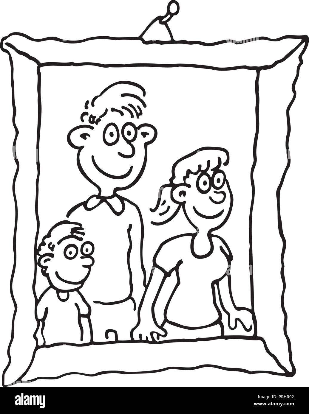 family photo on frame. outlined cartoon handrawn sketch illustration vector. Stock Vector