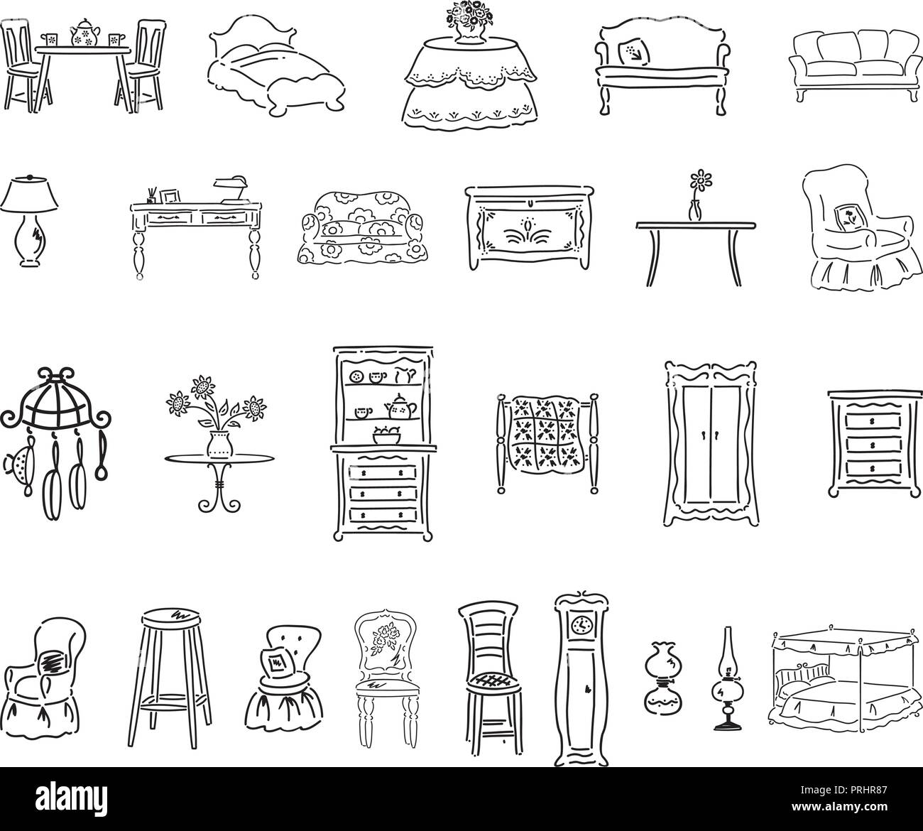 furniture set. outlined cartoon handrawn sketch illustration vector.. Collection set Stock Vector