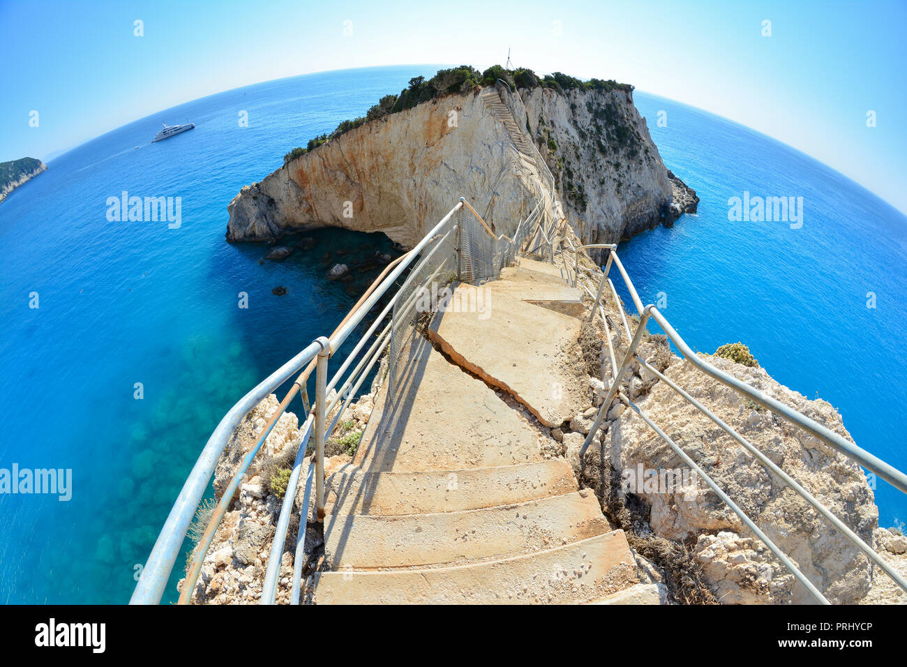 Stairs to peninsula, broken in strong earthquake, famous Porto Katsiki beach, Lefkada, Greece Stock Photo