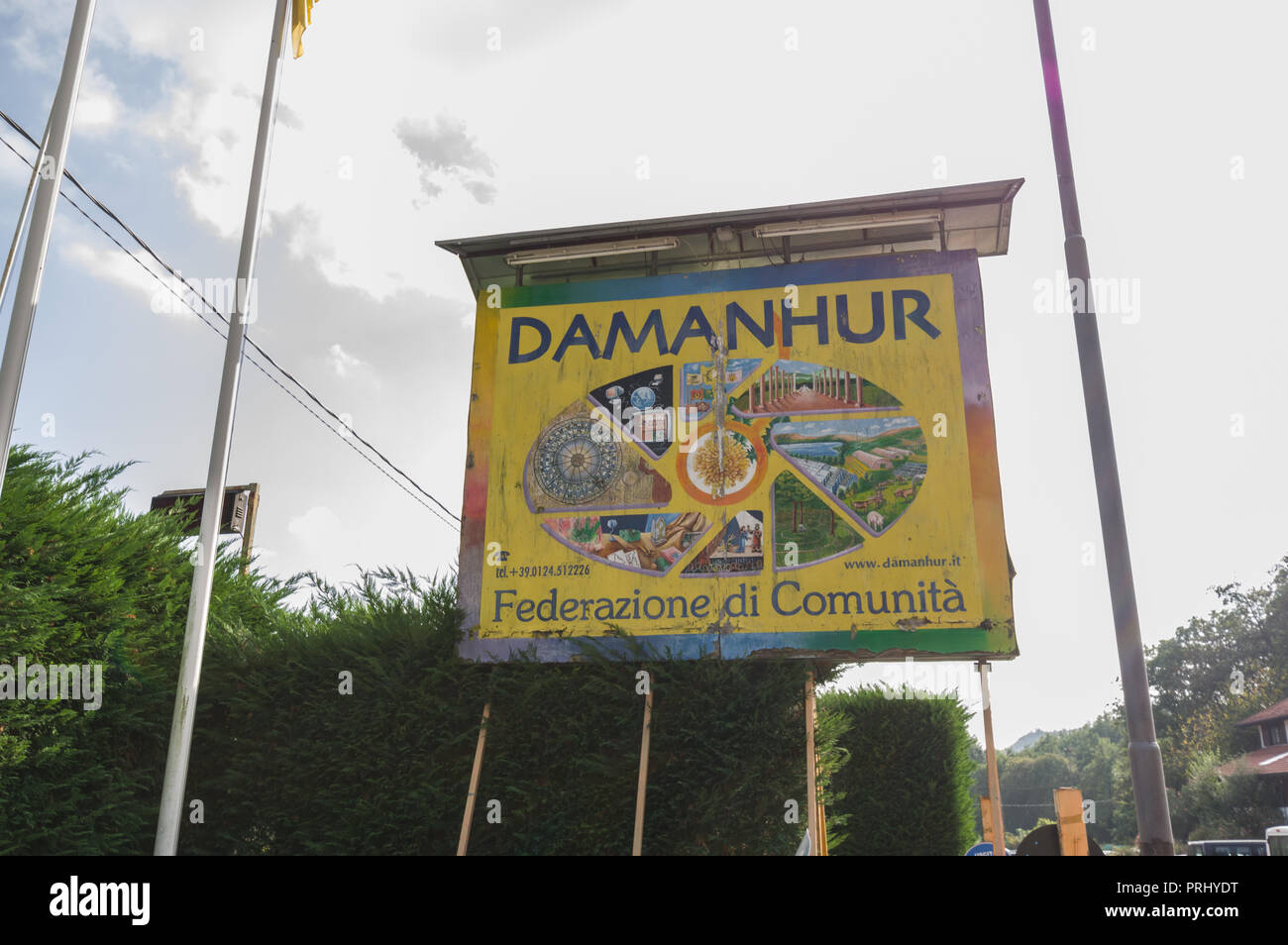 Vidracco, Italy (23rs September 2018) - The big sign at the entrace of the main settlement of the Federation of Damanhur Stock Photo