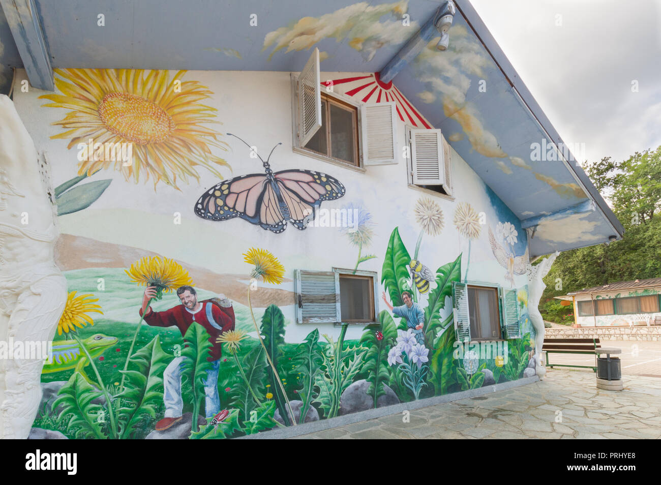 Vidracco, Italy (23rd September 2018) -  An example of ecological and painted house of the village belonging to the Federation of Damanhur Stock Photo