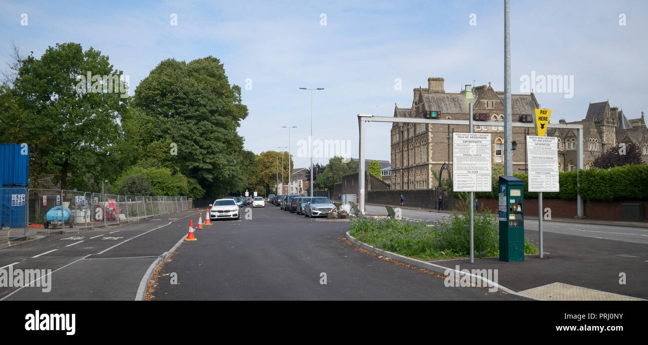 Car park on route of Glamorganshire Canal on west side of North Road,  Cardiff, with Nazareth House opposite and parking ticketing meter on right  Stock Photo - Alamy