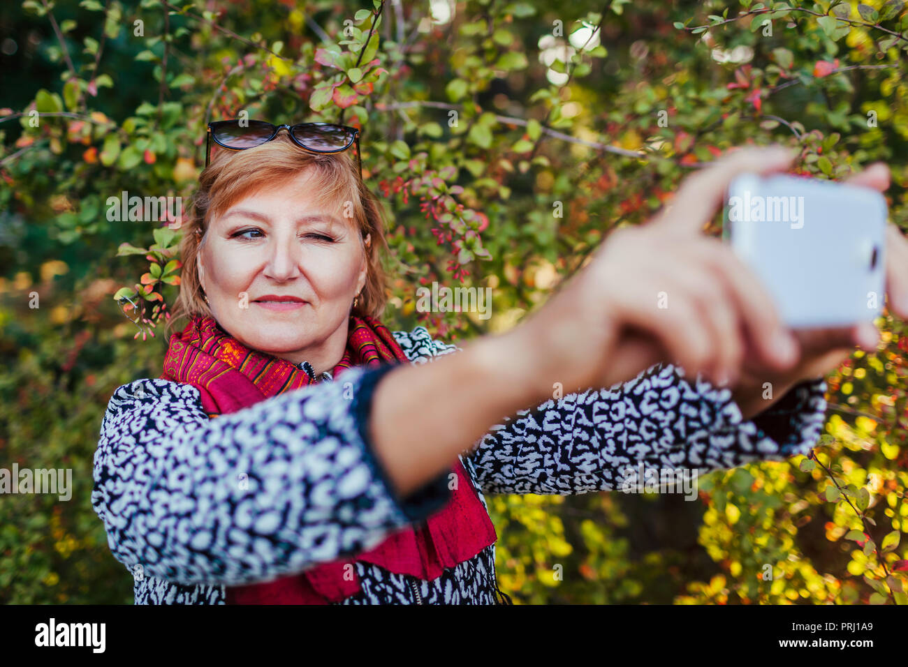 Middle-aged woman taking selfie on phone walking in park. Senior lady having fun in autumn forest Stock Photo