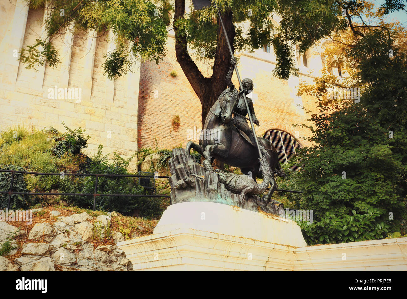 Statue of Saint George Slaying the Dragon. Fisherman's Bastion, Budapest Stock Photo