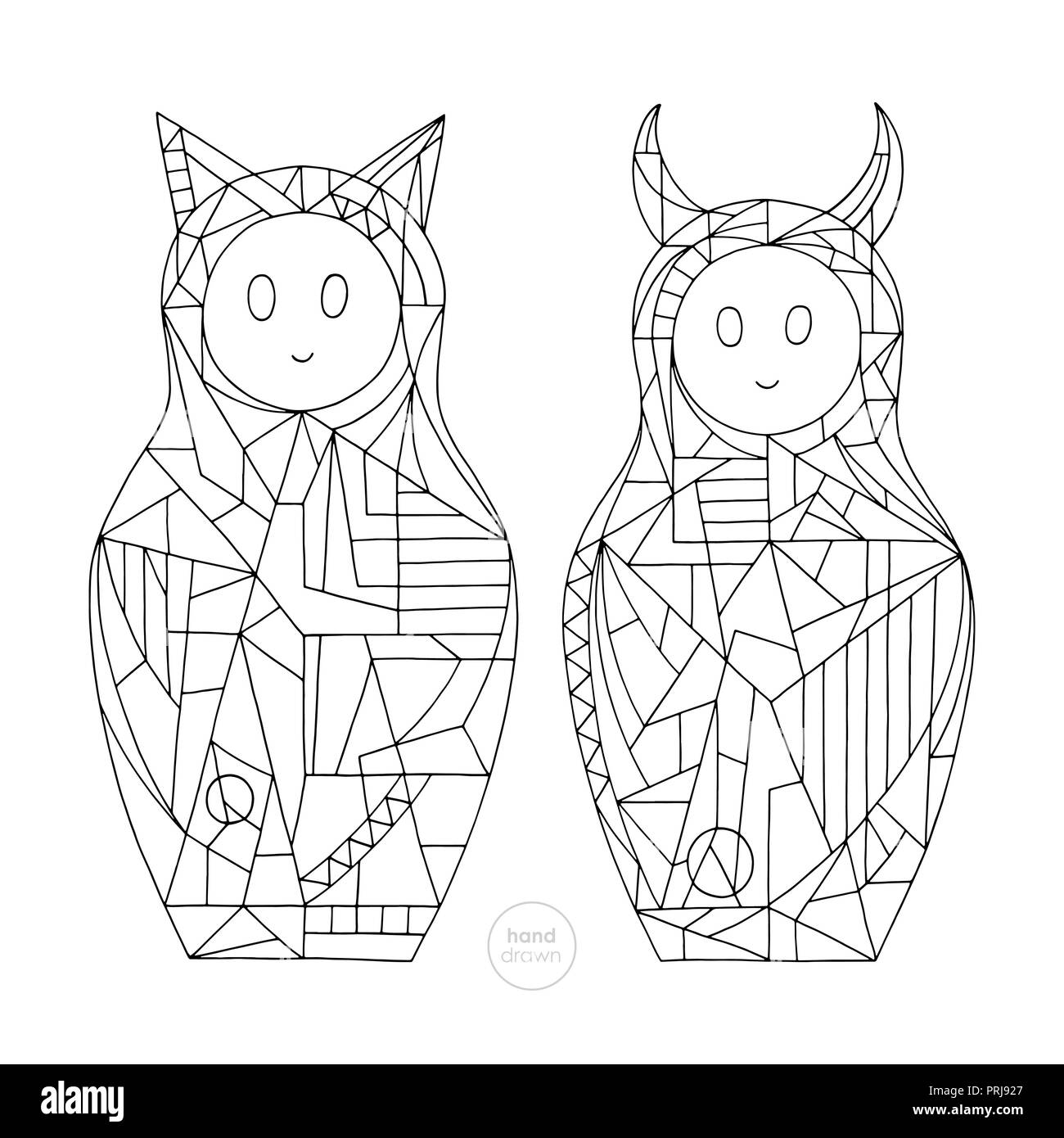Abstract girls coloring pages. Hand drawn cat and devil characters vector illustration. Stylized nesting doll outlines. Stock Vector