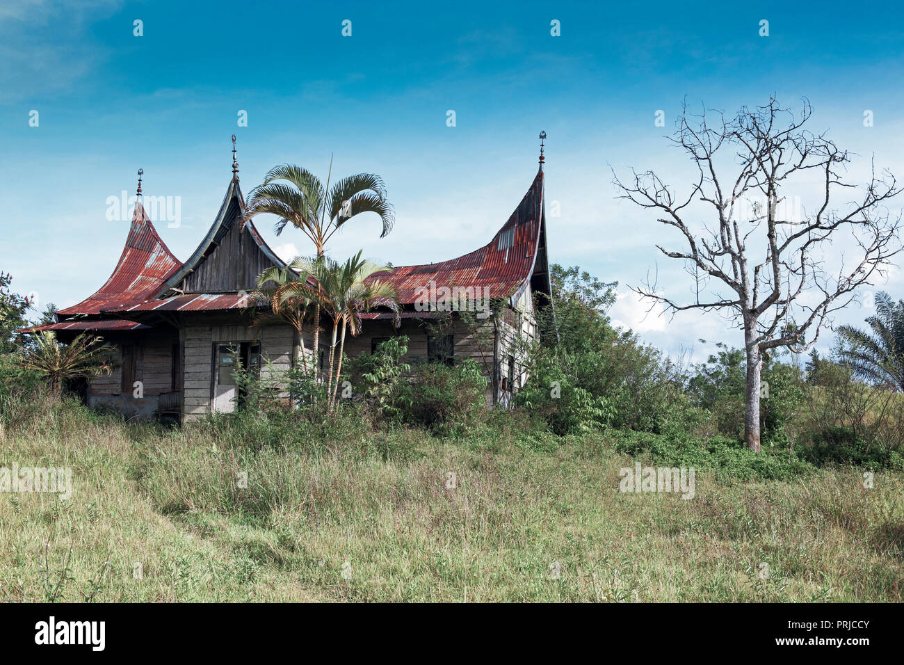 Derelict minangkabau house near Bukittinggi, Sumatra, Indonesia Stock Photo
