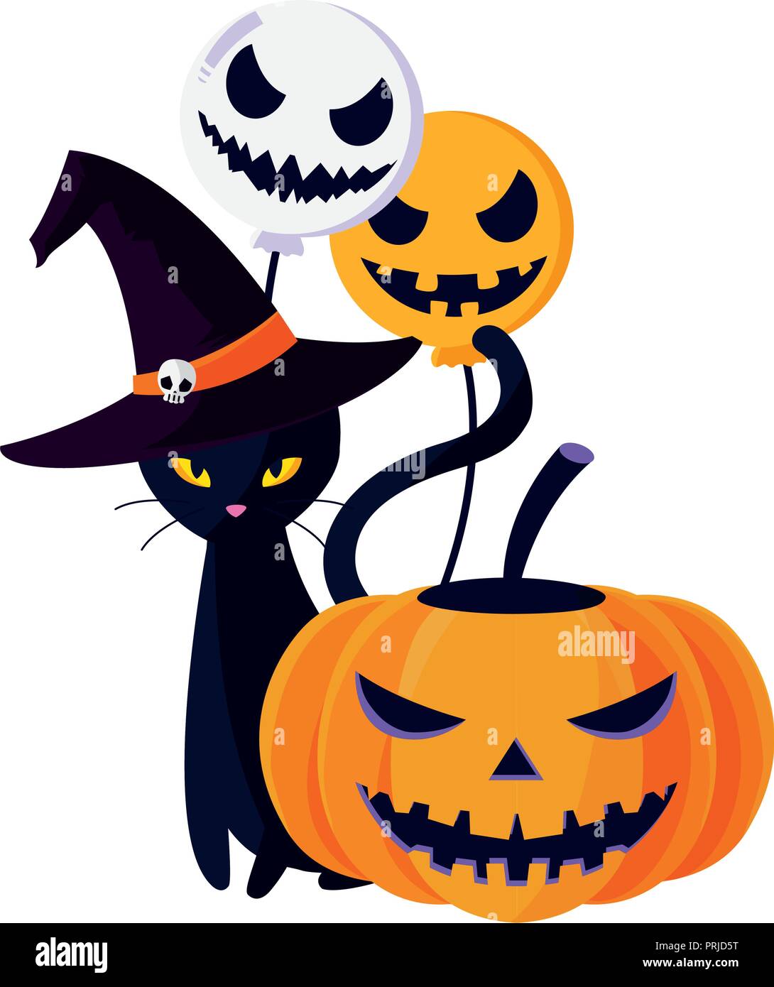 halloween black cat with pumpkin and balloons vector illustration ...