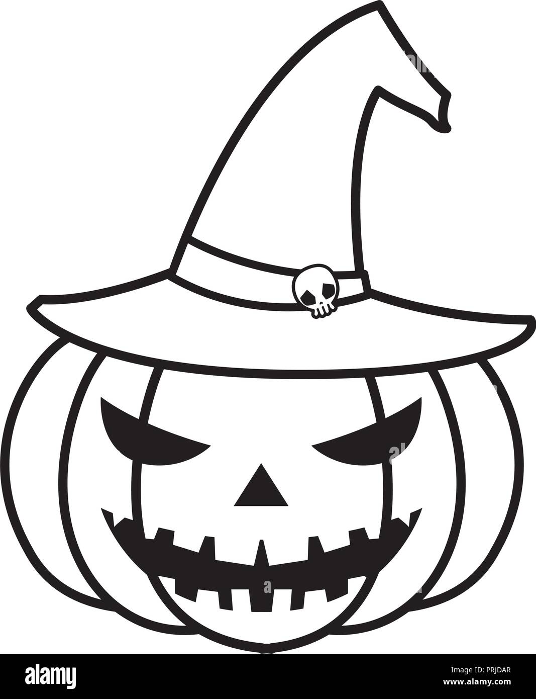 Vetor do Stock: Coloring page. Black and white vector illustration with  happy pumpkin in witch hat. Lettering `Happy Halloween`.