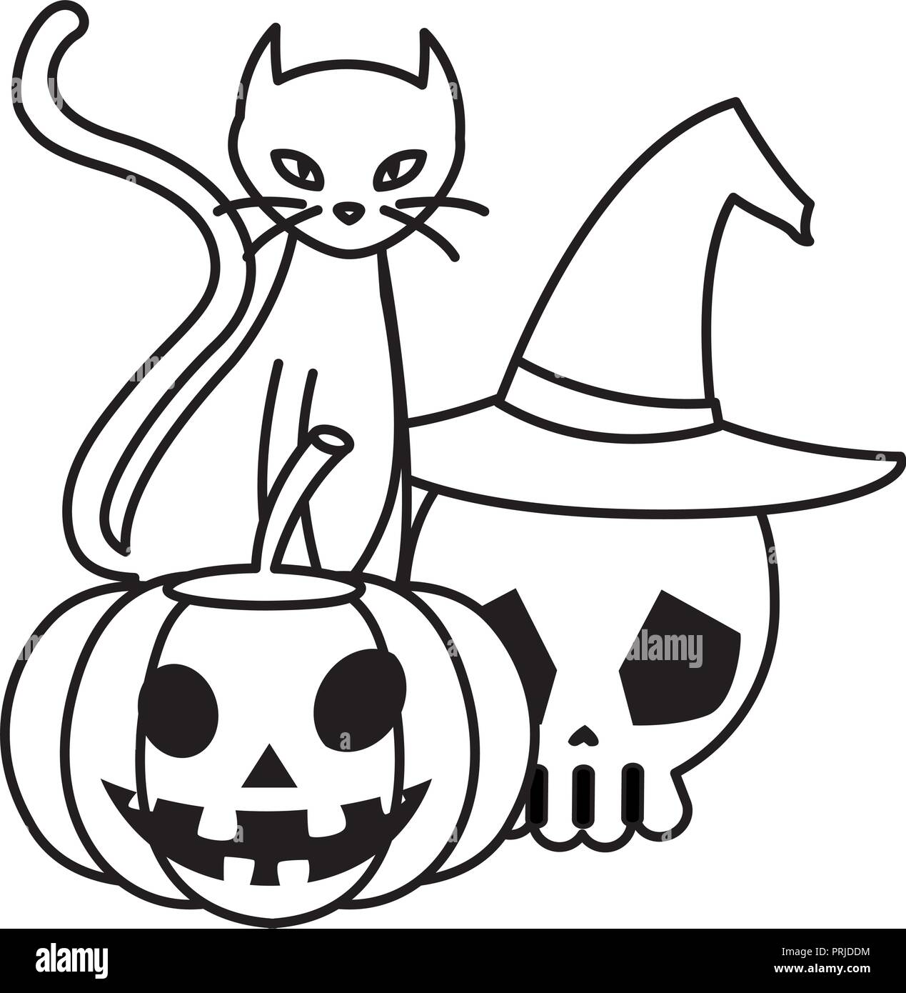 Halloween Black Cat With Pumpkin And Skull Vector Illustration Design Stock Vector Image And Art