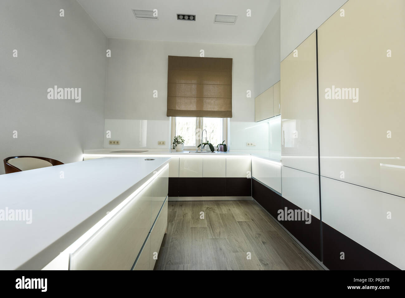 interior view of empty modern kitchen in light colors Stock Photo