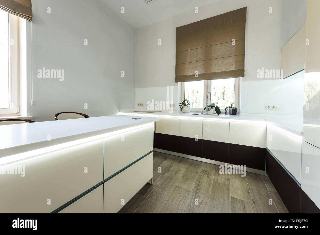 interior view of stylish kitchen in light colors Stock Photo