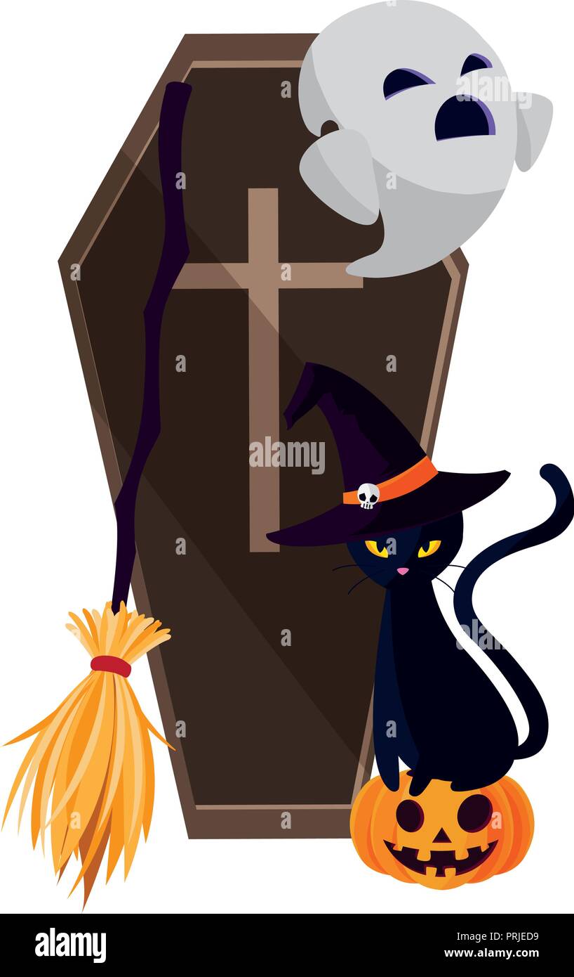 happy halloween ghost with coffin and cat vector illustration design ...