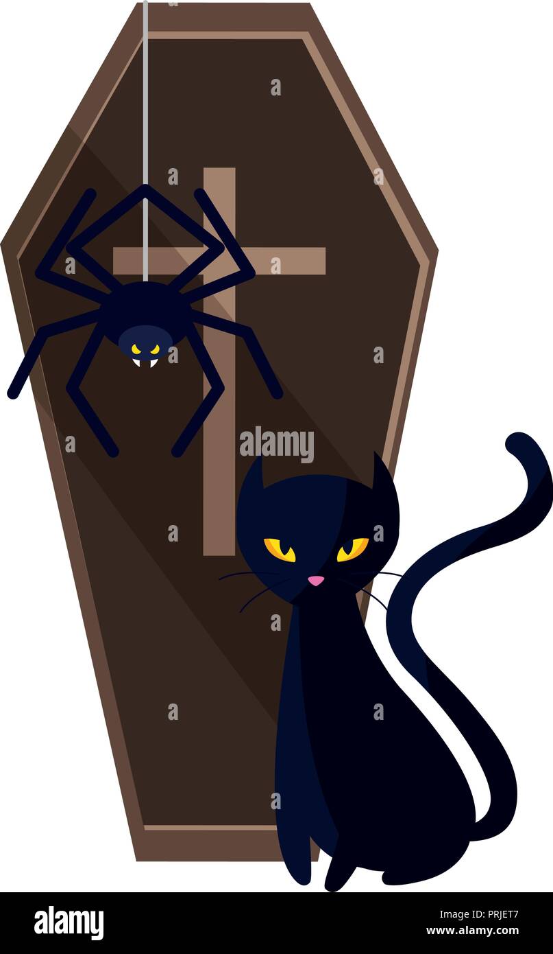 happy halloween ghost with coffin and cat vector illustration design ...