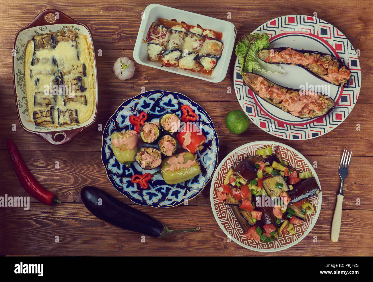 Eggplant assorted dishes, Top view. Stock Photo