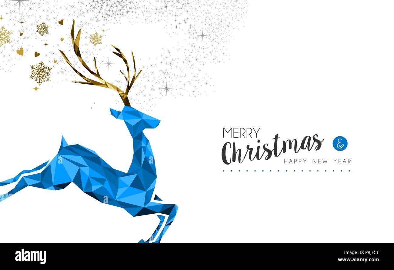 Merry Christmas happy new year elegant label design illustration in blue low poly style with reindeer and glitter snow decoration. Ideal for holiday g Stock Vector