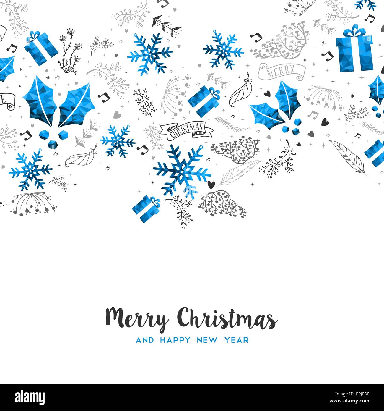 Merry Christmas Happy New Year vintage greeting card design, blue low ...