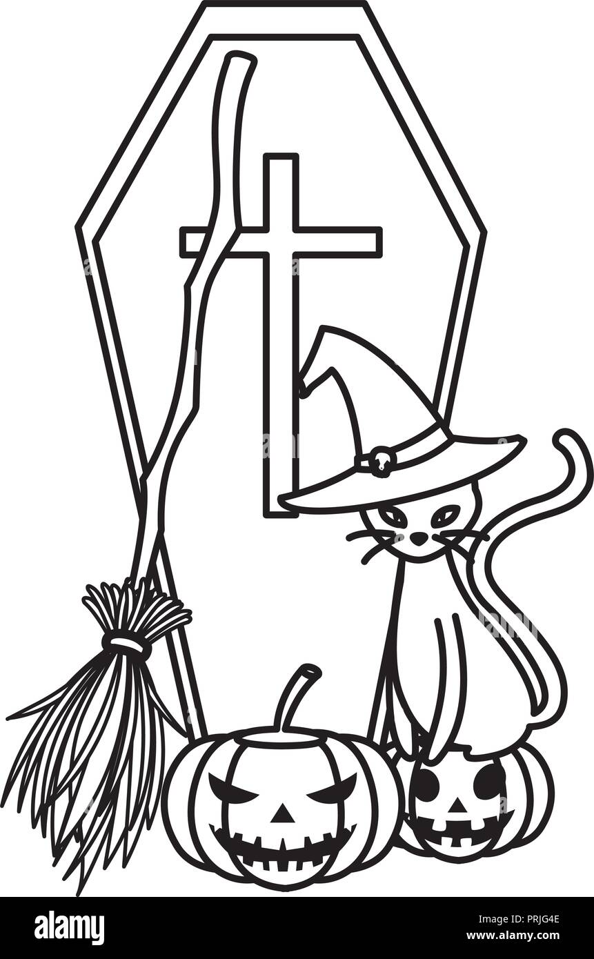 happy halloween coffin with pumpkin and cat vector illustration design ...