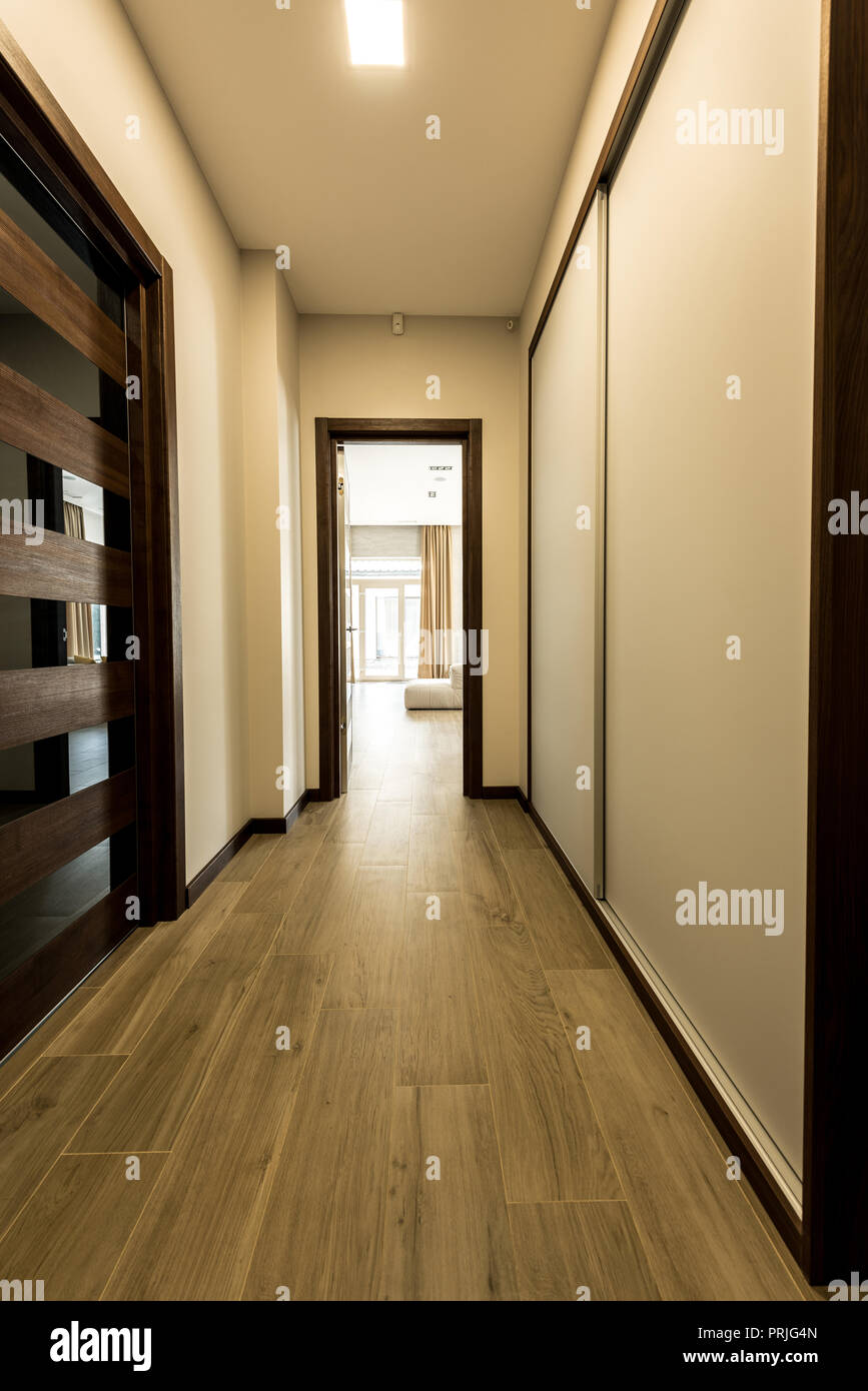 interior of empty modern corridor with wooden floor Stock Photo