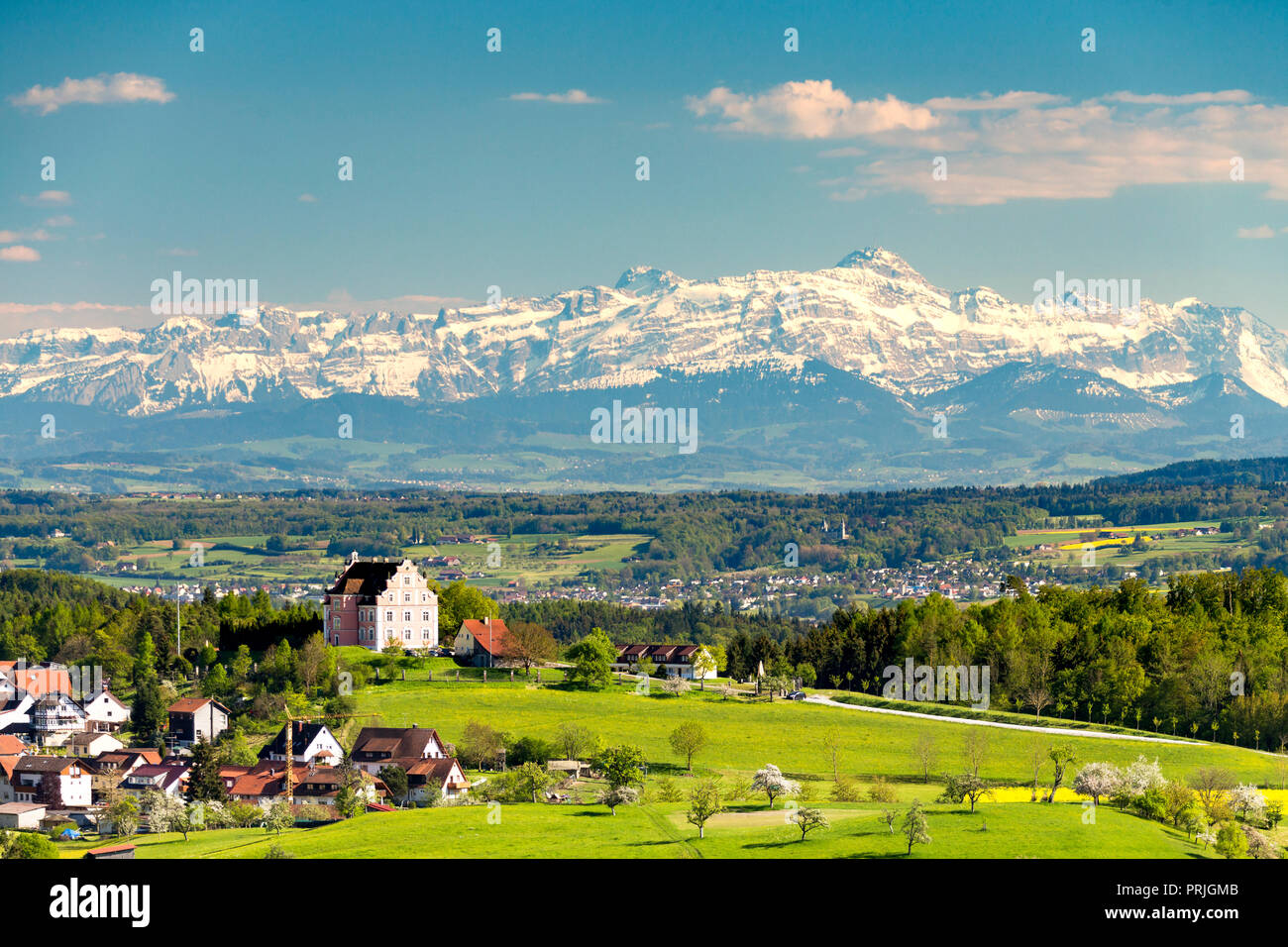 View of Freudental Castle, behind mountain range with Alpstein and Säntis, Allensbach, Lake Constance region Stock Photo
