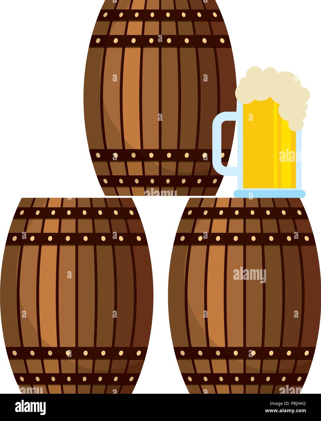 three beer barrel and glass cup foam Stock Vector