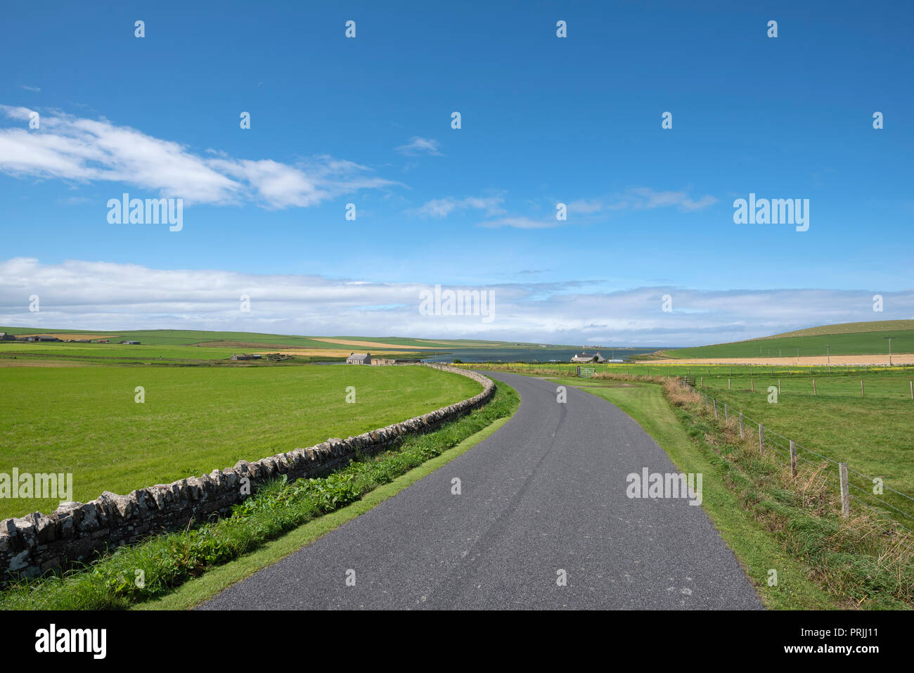 Single Track Road and pastures, Orkney Islands, Scotland, United Kingdom Stock Photo