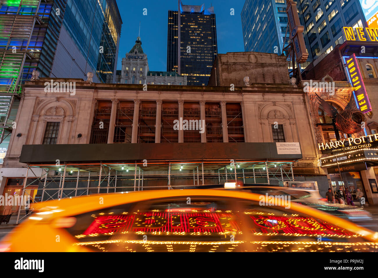 The long vacant scaffolded Times Square Theater on West 42nd Street is seen on Tuesday, September 18, 2018. The Stillman Development International company announced plans to redevelop the 1920 theater for retail use. The theater has been vacant for 30 years as development grew around it. (© Richard B. Levine) Stock Photo