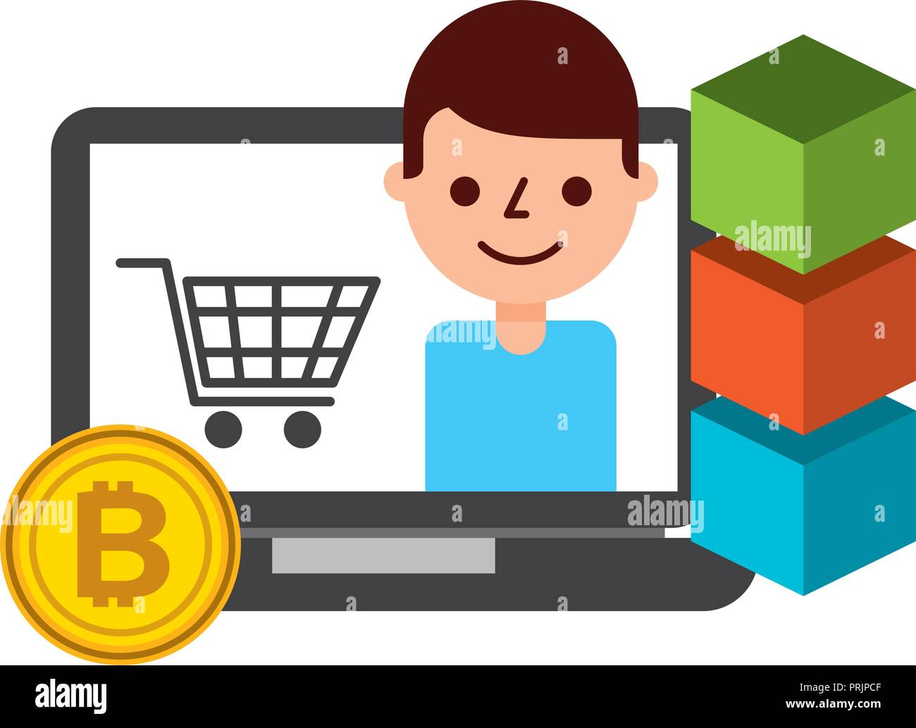 Computer Man Bitcoin Online Shopping Blockchain Fintech Stock Vector - 