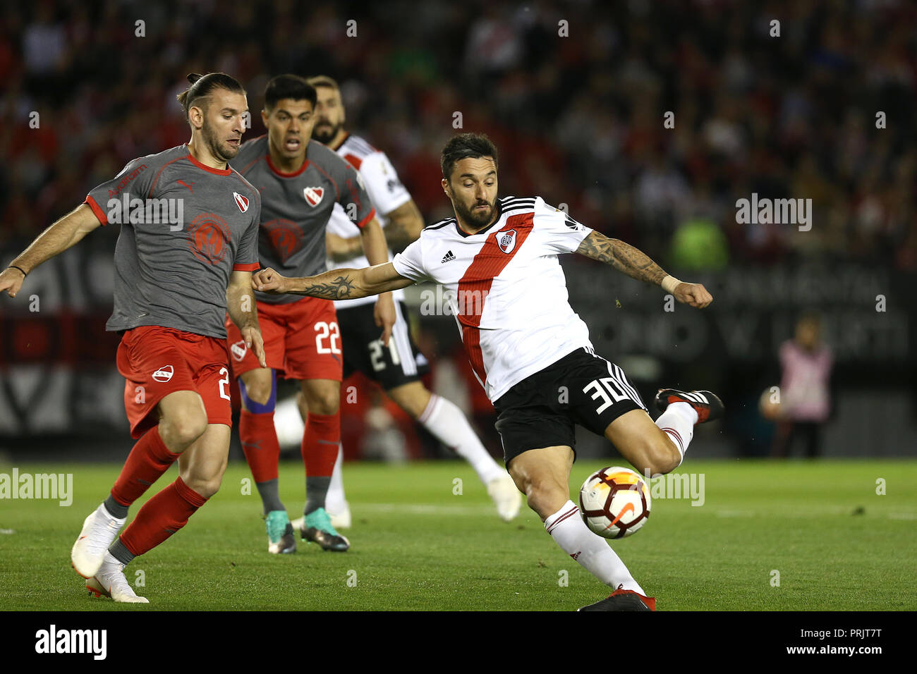 Ignacio Scocco (River) preparing to shoot in the Estadio Monumental in Buenos Aires, Argentina Stock Photo