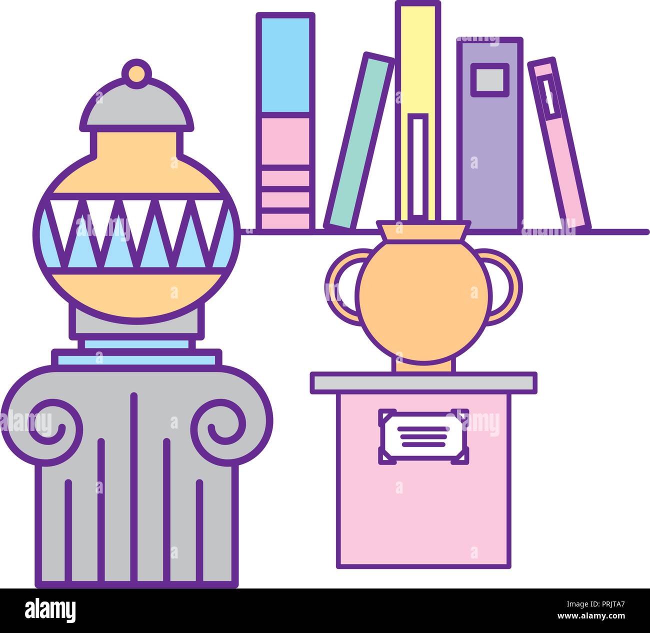 antiques vase on pedestal and books exhibition museum Stock Vector