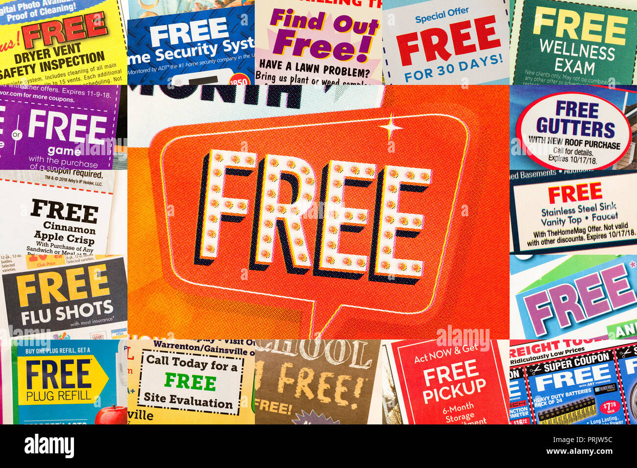 Various examples of the word 'FREE' used in print advertising - USA Stock Photo