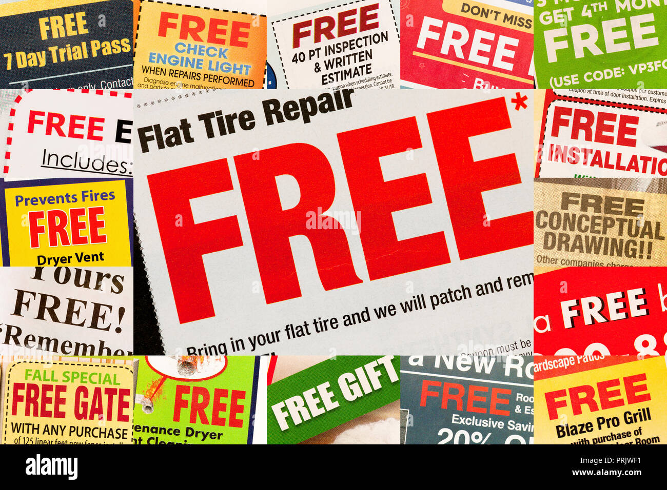 Various examples of the word 'FREE' used in print advertising - USA Stock Photo