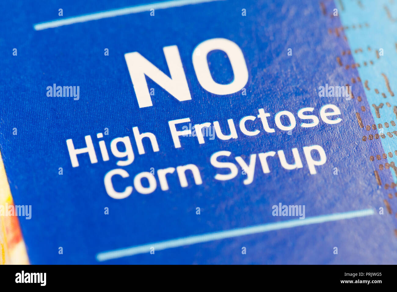 "No High Fructose Corn Syrup" claim on juice packaging USA Stock