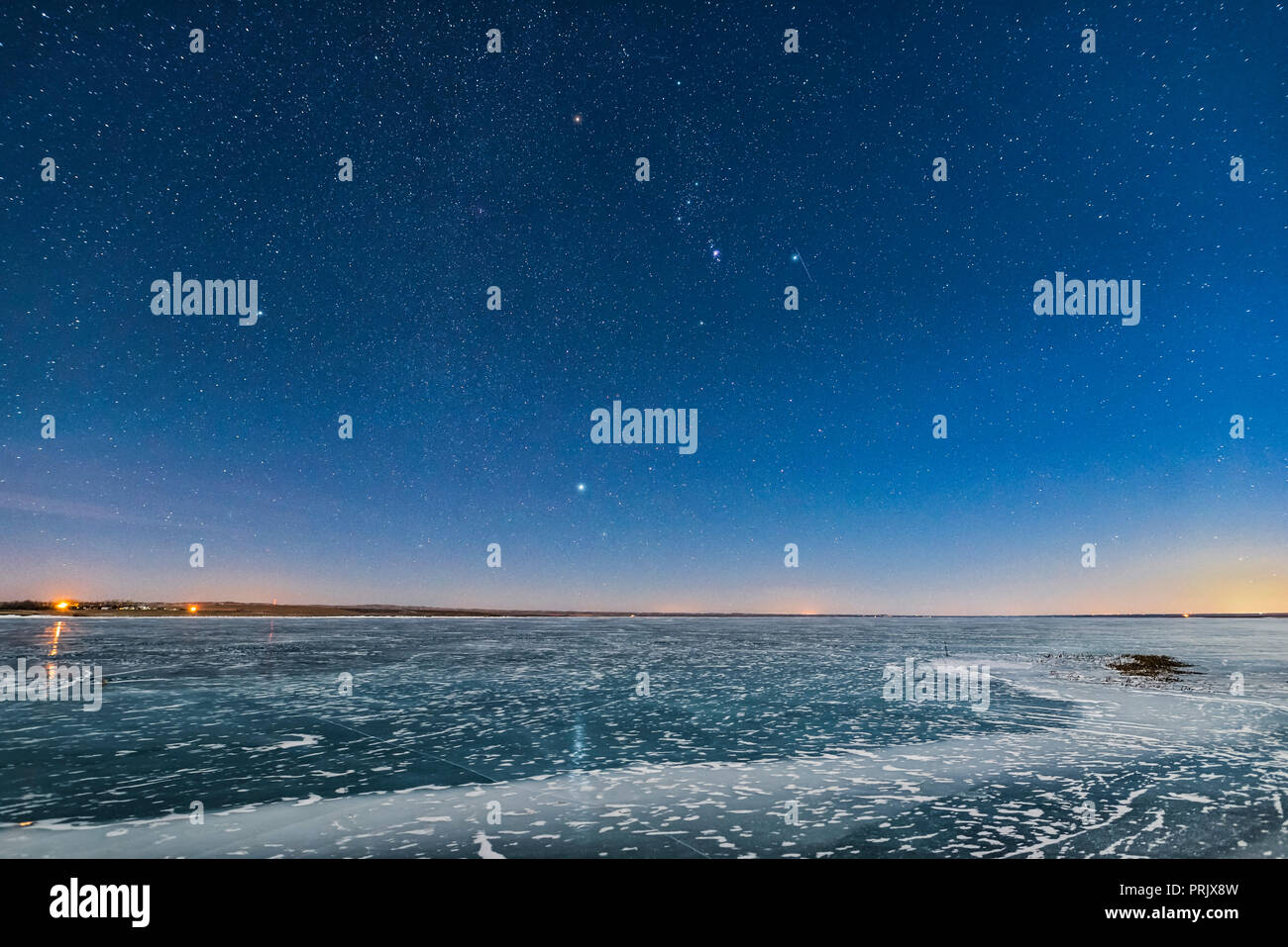 Orion and the Dog Stars (Procyon and Sirius) rising over frozen Lake MacGregor in southern Alberta, on February 2, 2017, on a clear moonlit night, wit Stock Photo