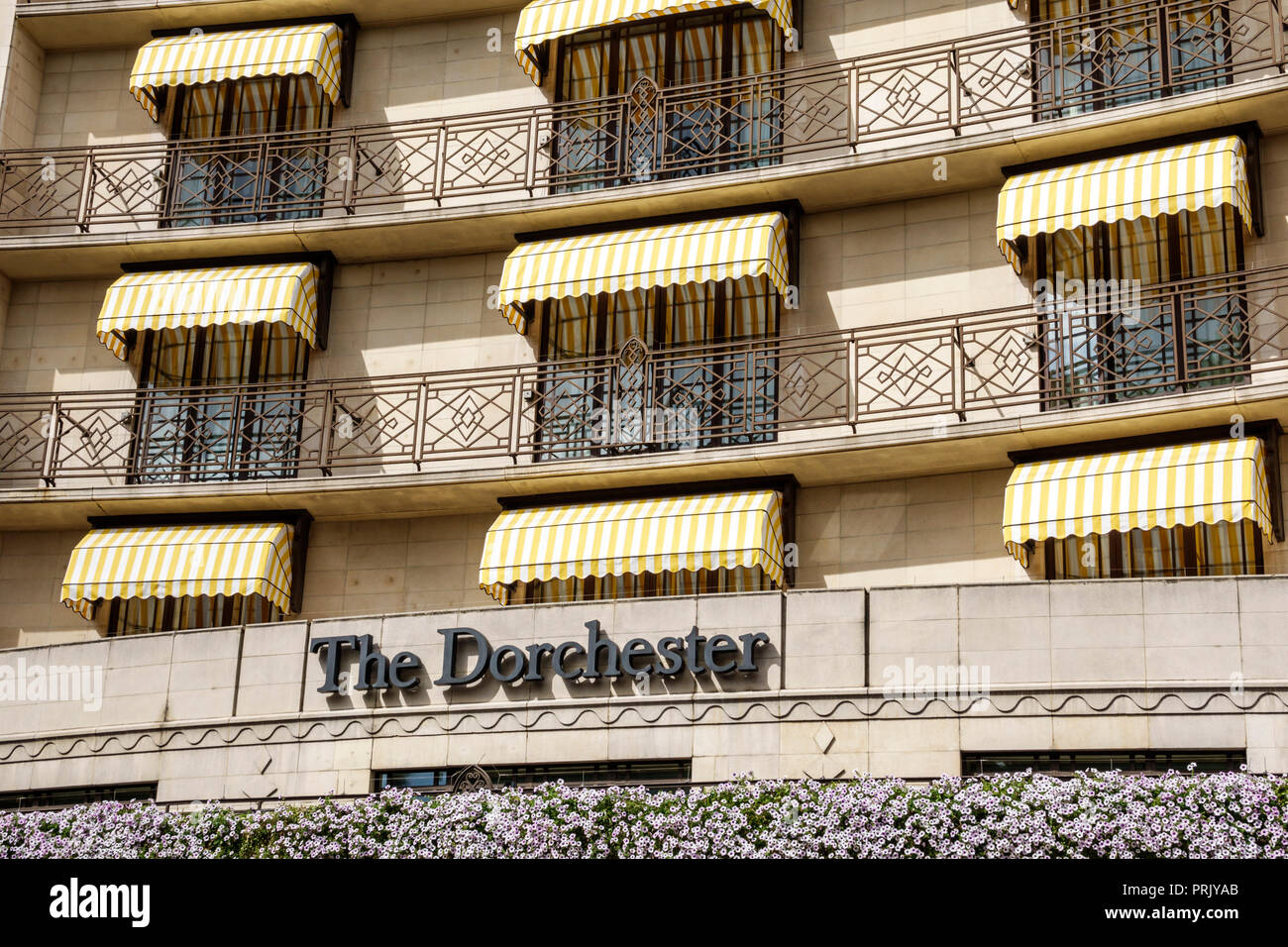 London England,UK,West End City Westminster Mayfair,Park Lane,The Dorchester,hotel,luxury 5-star,outside exterior,facade,balconies,awnings,sign,UK GB Stock Photo