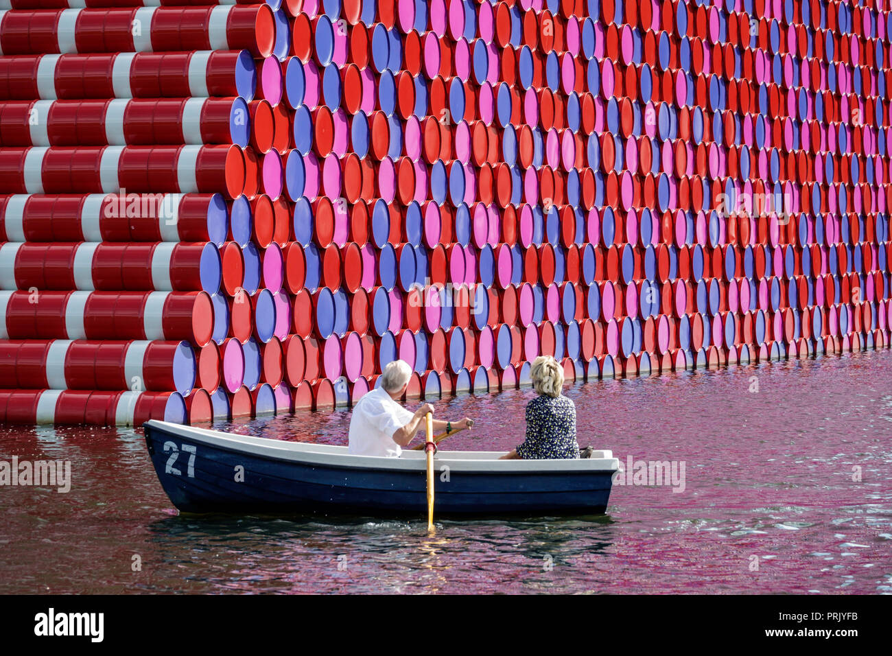 London England,UK,Royal Parks,Hyde Park,park,green space,The Serpentine,recreational lake,art installation,London Mastaba by Christo & Jeanne-Claude,t Stock Photo