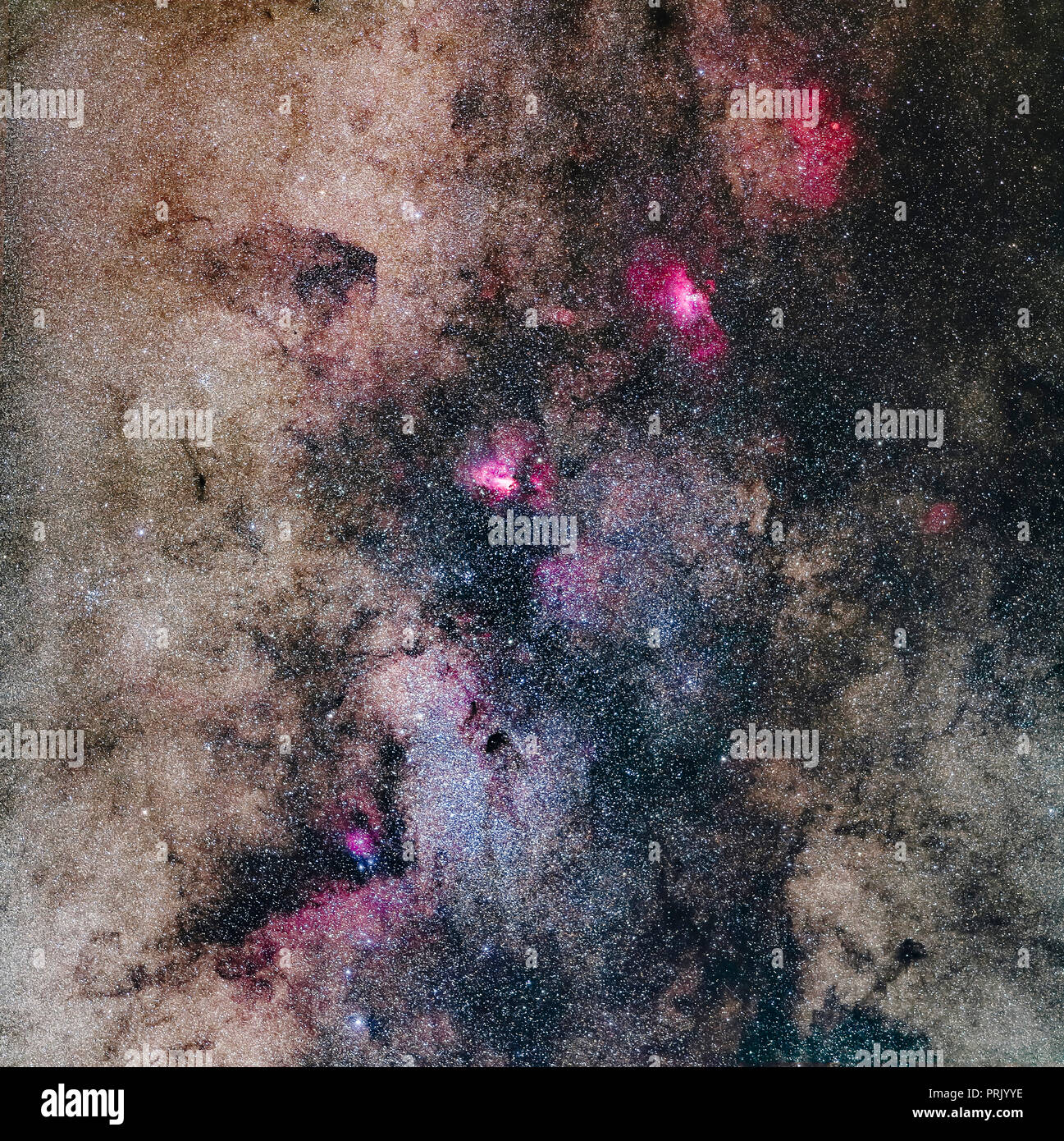 A mosaic of the rich region in Sagittarius and southern Serpens, from the Small Sagittarius Starcloud (Messier 24) at bottom to Messier 16, the Eagle  Stock Photo