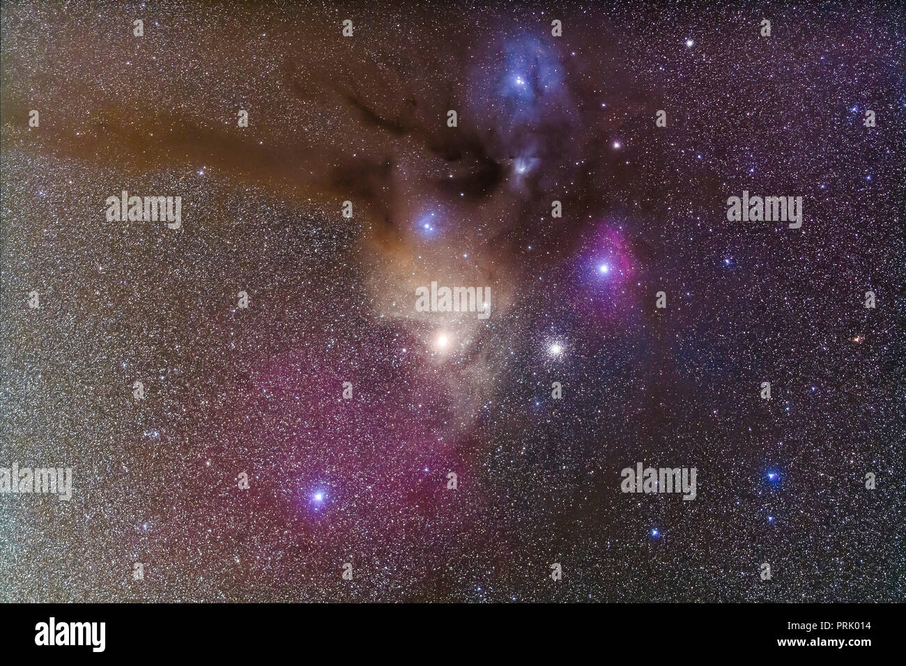 The colourful region around Antares in Scorpius, the yellow star at centre. To the right is the globular cluster Messier 4. Above right of Antares is  Stock Photo