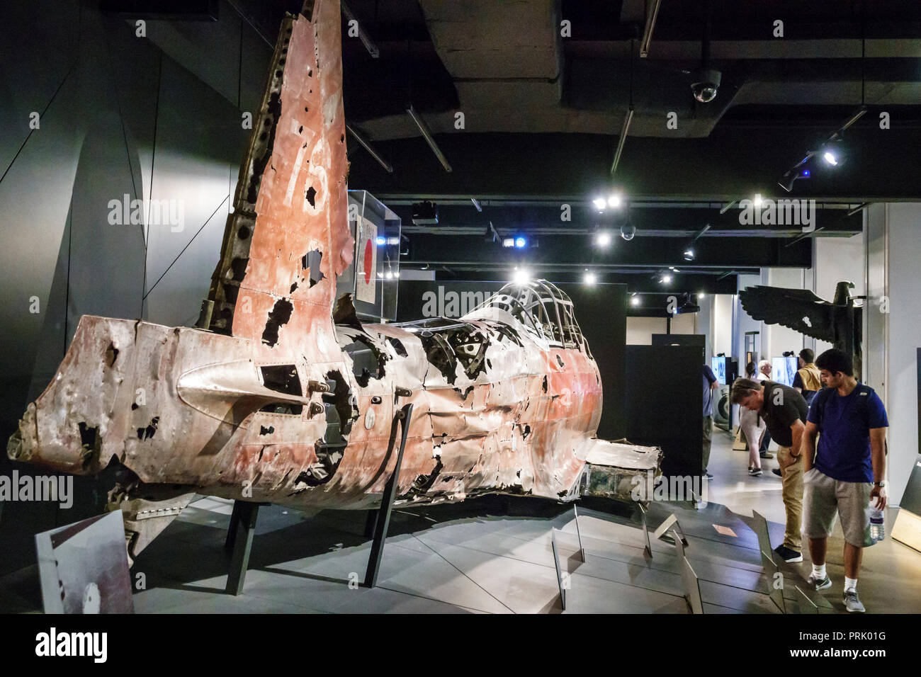 London England,UK,Southwark,Imperial War Museum,military war weapons archives,inside interior,exhibit,shot down aircraft,Mitsubishi Zero A6M3,Japanese Stock Photo
