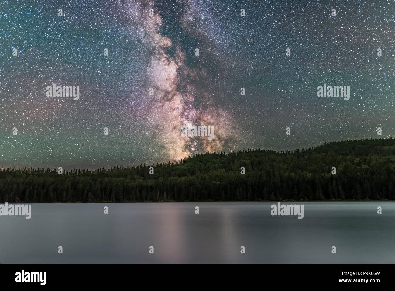 The summer southern Milky Way over Reesor Lake in Cypress Hills Interprovincial Park, a Dark Sky Preserve. Only July 28/29, 2017, just after moonset w Stock Photo