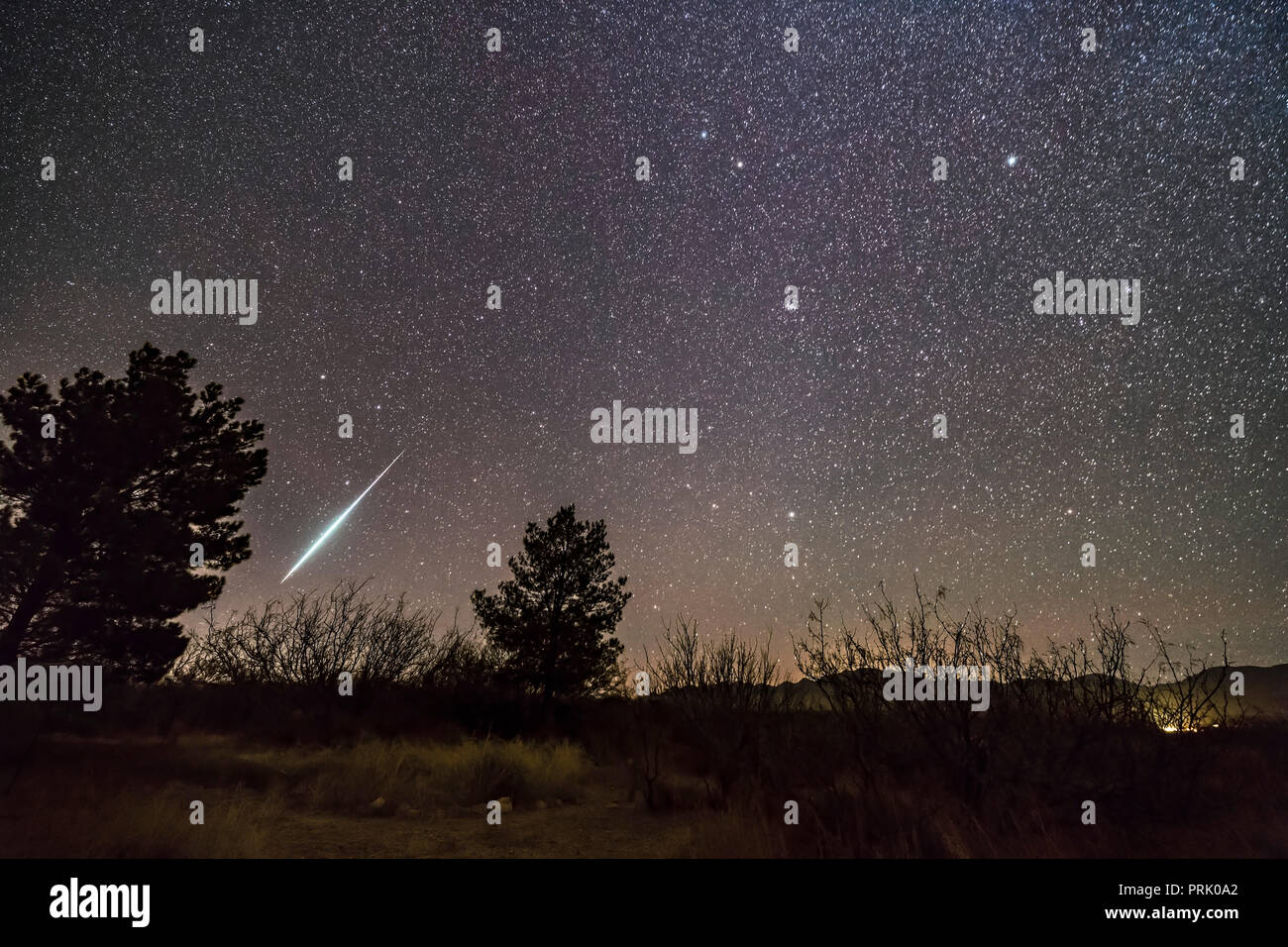 A single bright meteor from the Geminid meteor shower of December 2017, dropping toward the horizon in Ursa Major. Gemini itself and the radiant of th Stock Photo