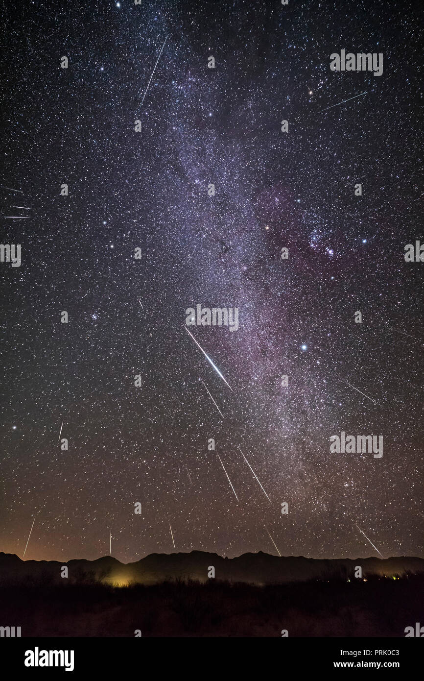 The Geminid meteor shower of December 13, 2017 in a view framing the winter Milky Way from Auriga (at top) to Puppis (at bottom) with Gemini itself, t Stock Photo