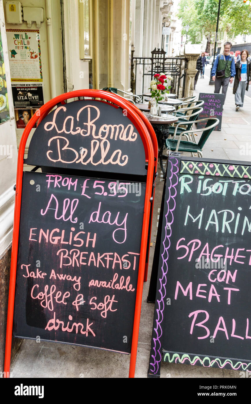London England,UK,United Kingdom Great Britain,Bloomsbury,La Roma Bella,Italian restaurant,exterior,sidewalk cafe,tables,chalkboard menu,English break Stock Photo